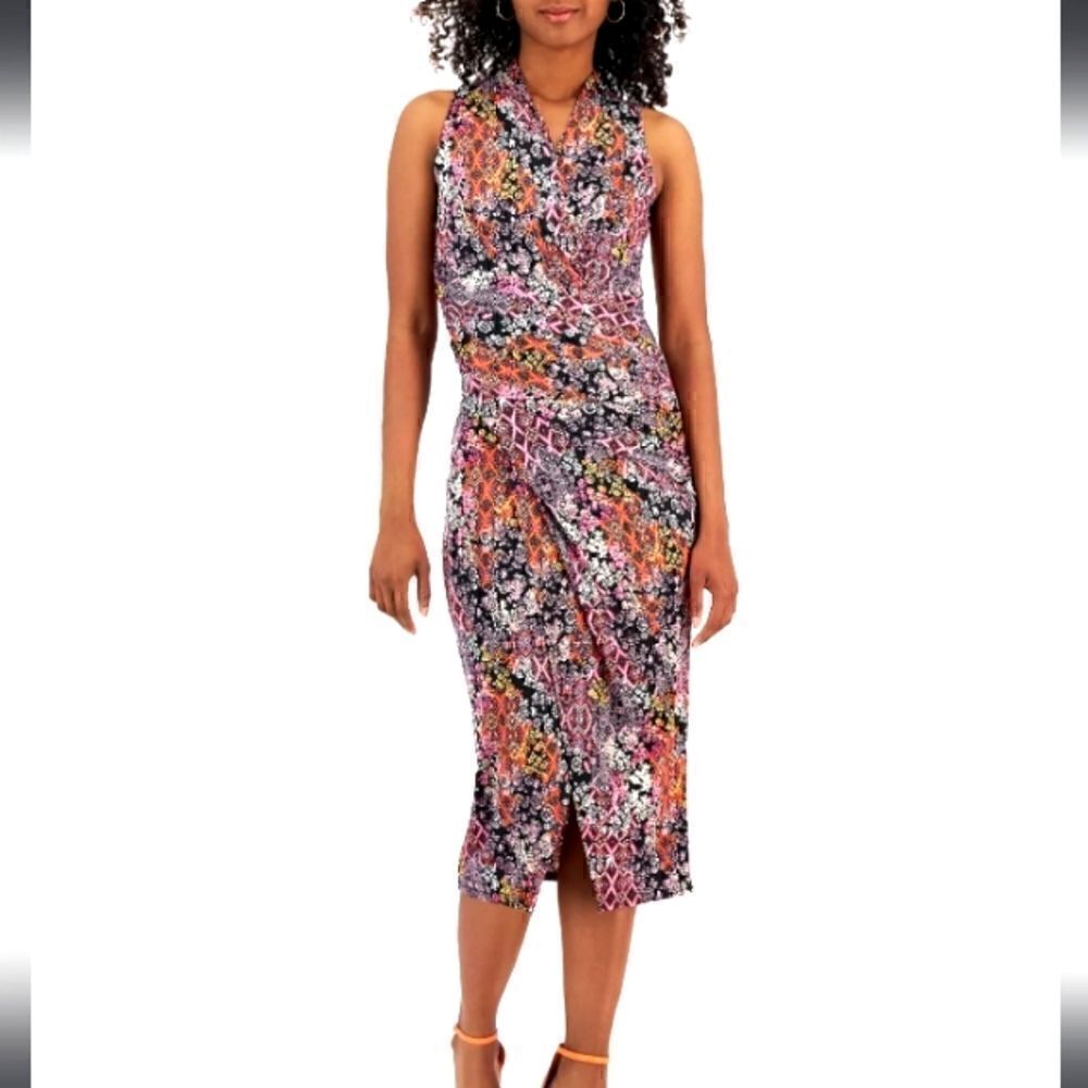 Rachel Roy Wrap V Neck Bodycon Floral Sleeveless Dress